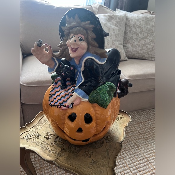 Ceramic Witch Black Cat Pumpkin Jack O Lantern Hand Painted Halloween Decor - Picture 1 of 6